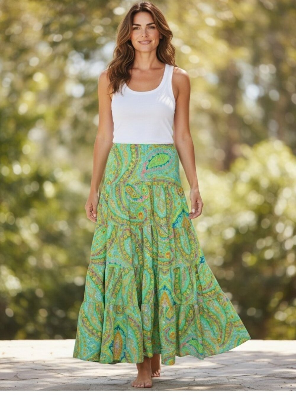 Ralph Lauren Green Multi Paisley Tiered Maxi Skirt Festival Boho Women's Medium